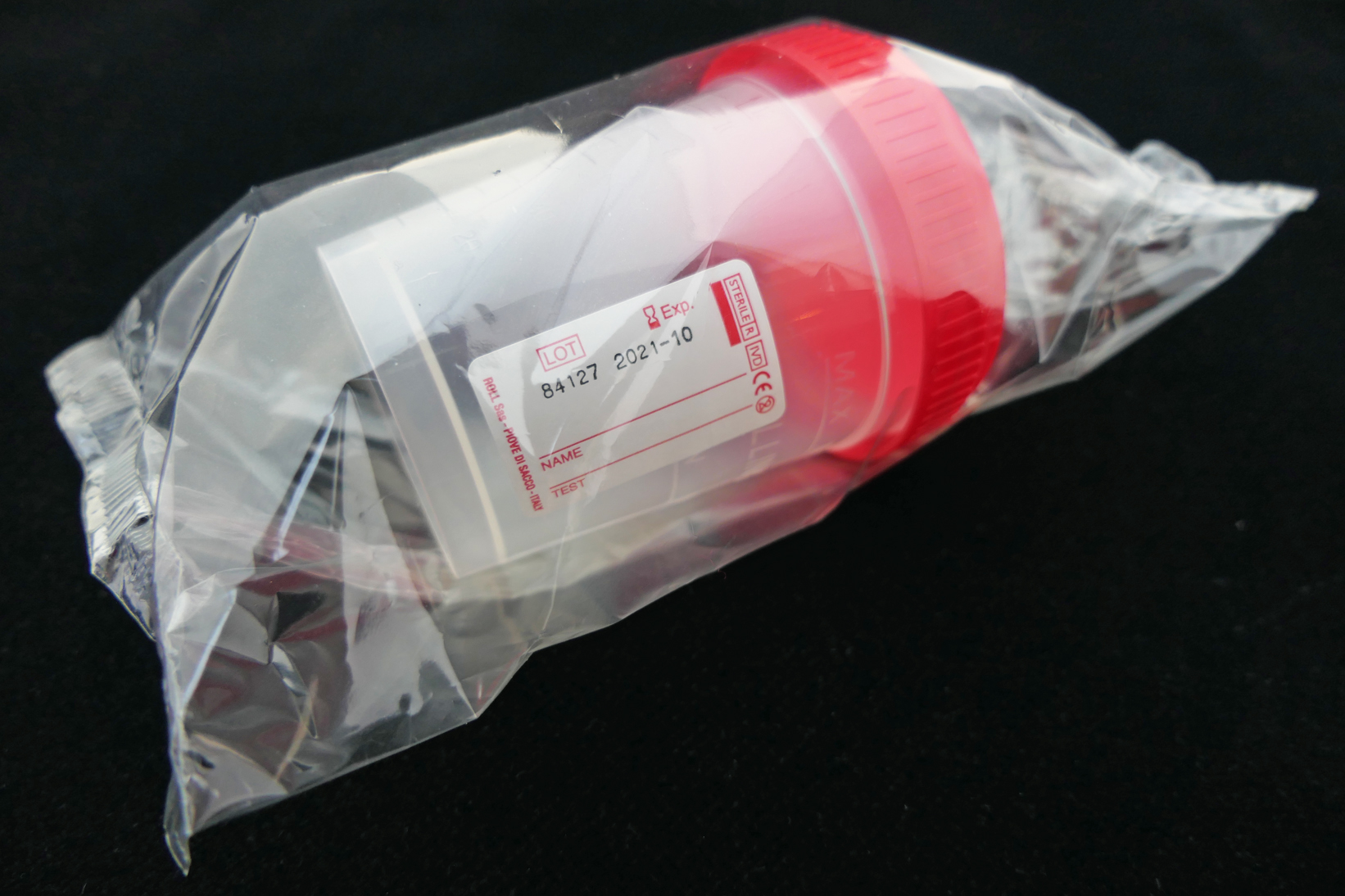 Abdos Sample Container, Polypropylene (PP)/PE, 120ml, Red Cap, Gamma  Sterilized, Individually Wrapped, 200/CS