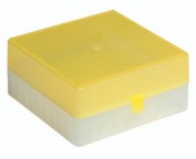 Polypropylene storage box with hinged lid, yellow, 100 positions